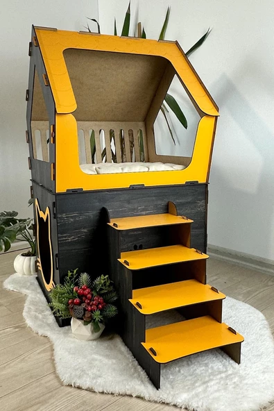 Mavitrend Ahşap Büyük Kedi Evi XXL Açık Teraslı Model 5 Kg Üstü Kediler İçin Sarı- Siyah Renk - 5