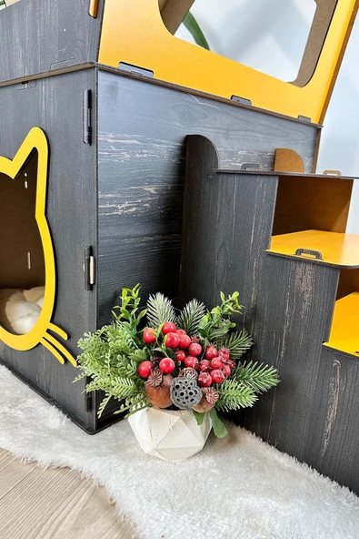 Mavitrend Ahşap Büyük Kedi Evi XXL Açık Teraslı Model 5 Kg Üstü Kediler İçin Sarı- Siyah Renk - 6