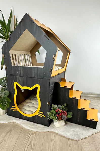 Mavitrend Ahşap Büyük Kedi Evi XXL Açık Teraslı Model 5 Kg Üstü Kediler İçin Sarı- Siyah Renk - 3