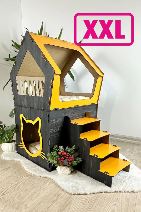 Mavitrend Ahşap Büyük Kedi Evi XXL Açık Teraslı Model 5 Kg Üstü Kediler İçin Sarı- Siyah Renk