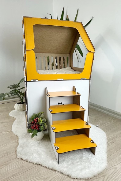 Mavitrend Ahşap Büyük Kedi Evi XXL Açık Teraslı Model 5 Kg Üstü Kediler İçin Beyaz- Sarı Renk - 5