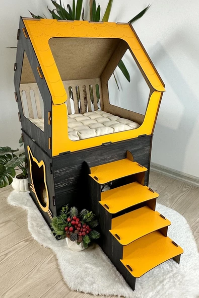 Mavitrend Ahşap Büyük Kedi Evi XXL Açık Teraslı Model 5 Kg Üstü Kediler İçin Sarı- Siyah Renk - 4