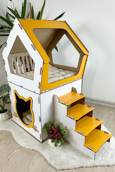 Mavitrend Ahşap Büyük Kedi Evi XXL Açık Teraslı Model 5 Kg Üstü Kediler İçin Beyaz- Sarı Renk - 4