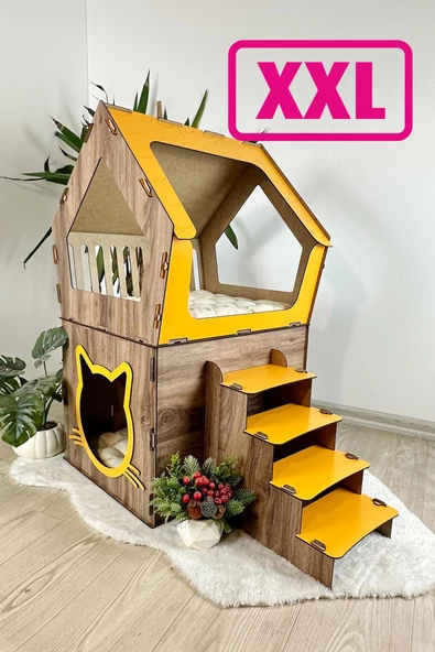 Mavitrend Ahşap Büyük Kedi Evi XXL Açık Teraslı Model 5 Kg Üstü Kediler İçin Sarı -Kahverengi  Renk - 2
