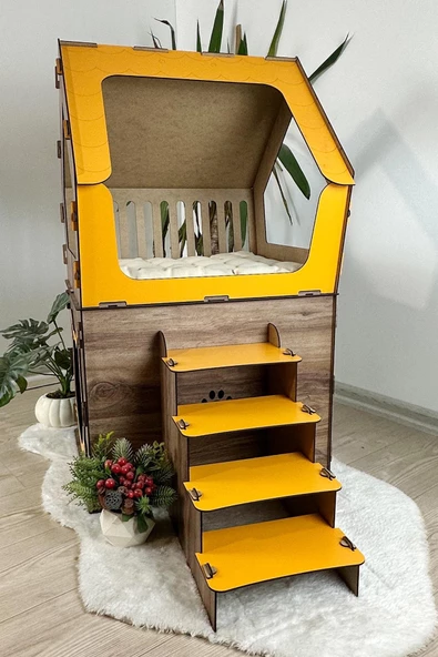 Mavitrend Ahşap Büyük Kedi Evi XXL Açık Teraslı Model 5 Kg Üstü Kediler İçin Sarı -Kahverengi  Renk - 5