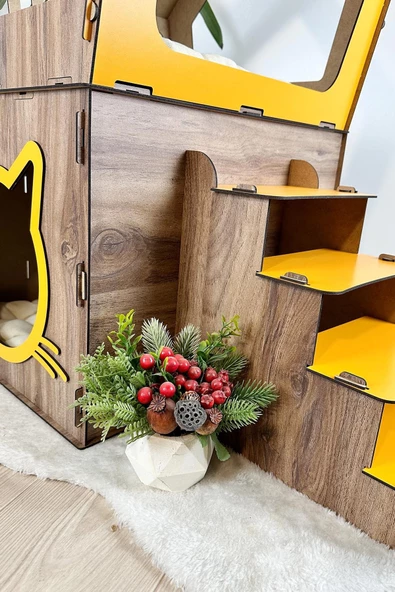 Mavitrend Ahşap Büyük Kedi Evi XXL Açık Teraslı Model 5 Kg Üstü Kediler İçin Sarı -Kahverengi  Renk - 6