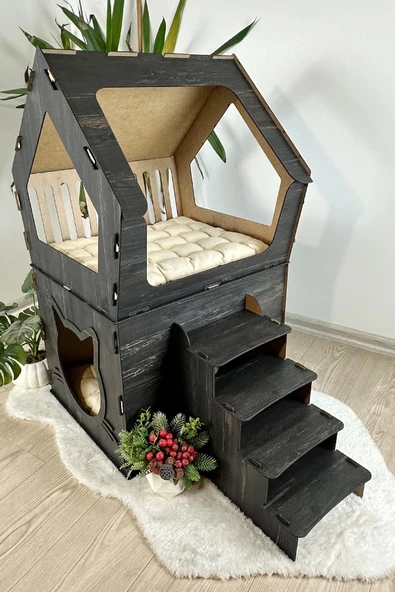 Mavitrend Ahşap Büyük Kedi Evi XXL Açık Teraslı Model 5 Kg Üstü Kediler İçin Siyah Renk - 5