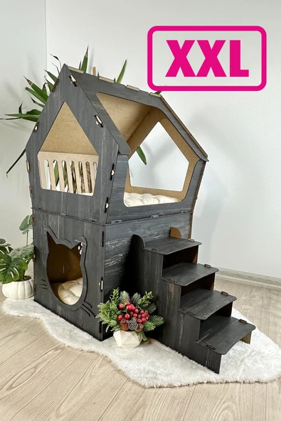 Mavitrend Ahşap Büyük Kedi Evi XXL Açık Teraslı Model 5 Kg Üstü Kediler İçin Siyah Renk - 2
