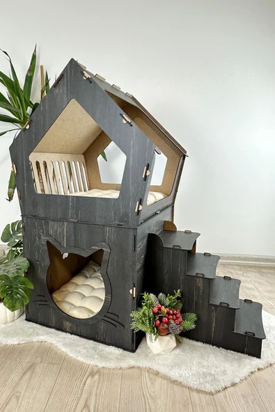 Mavitrend Ahşap Büyük Kedi Evi XXL Açık Teraslı Model 5 Kg Üstü Kediler İçin Siyah Renk - 3