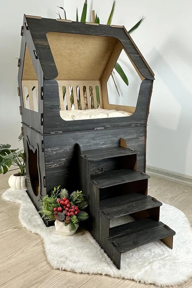 Mavitrend Ahşap Büyük Kedi Evi XXL Açık Teraslı Model 5 Kg Üstü Kediler İçin Siyah Renk - 4