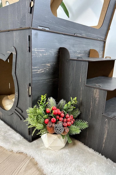 Mavitrend Ahşap Büyük Kedi Evi XXL Açık Teraslı Model 5 Kg Üstü Kediler İçin Siyah Renk - 6