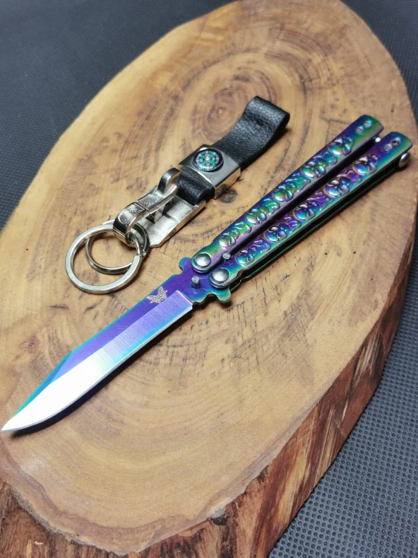 21cm Benchmade Gökkuşağı Kuru Kafa Desenli Kelebek ve Çelik Anahtarlık