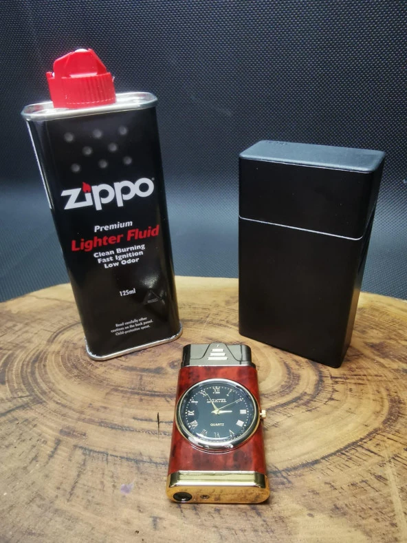 İsme Özel Saatli 1 Torch Çakmak,Zippo Benzin ve Tabaka Seti