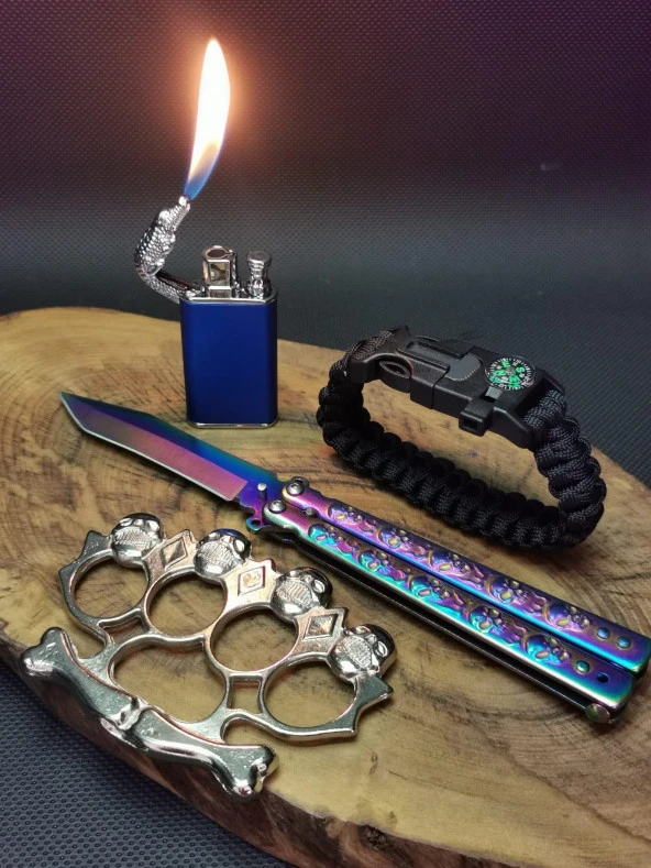 Kuru Kafa 21 cm Kelebek Ejder Çakmak ve Paracord Pusula Bileklik Seti