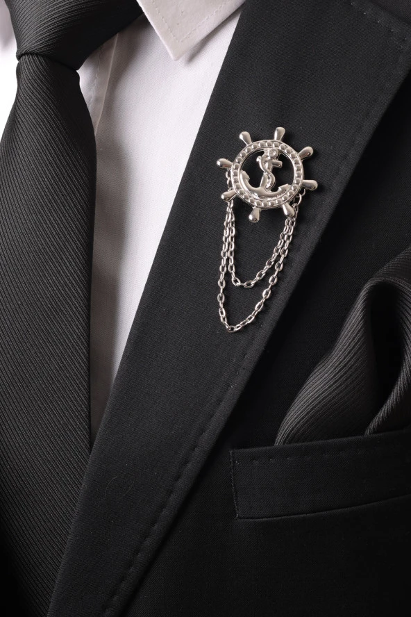 Esgue Gümüş Renk Dümen Zincirli Yaka Broş - 2