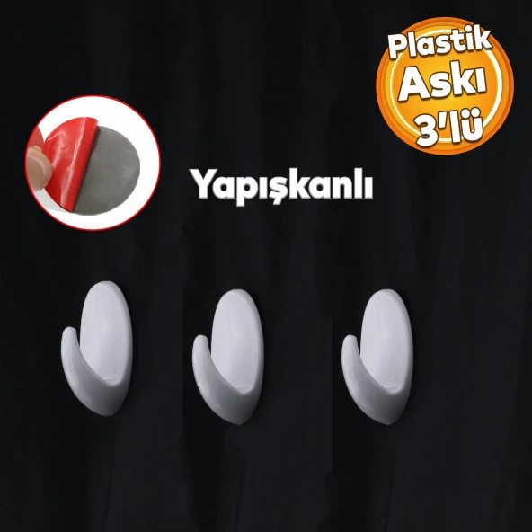 Yapışkanlı Banyo Lavabo Mutfak Askılık Beyaz Plastik Sağlam Asma İz Bırakmayan Askı 3 Adetli Set