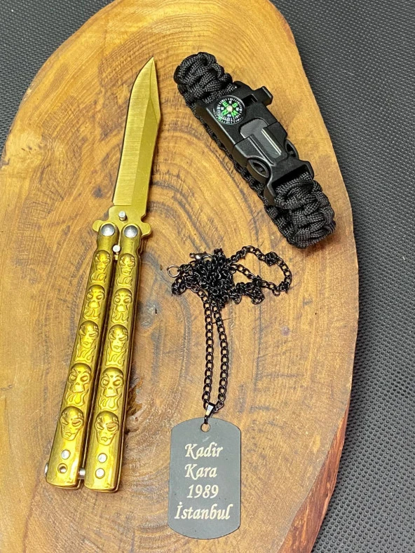 21 cm Gold Kelebek Paracord Bileklik ve Asker Künye Seti
