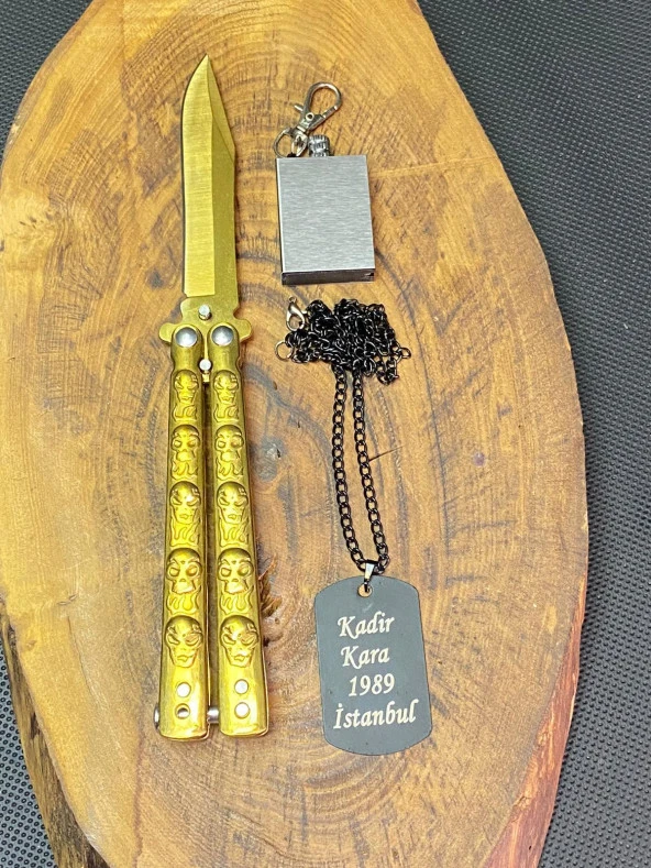 21 cm Gold Kelebek Asker Künye ve Kibrit Çakmak Seti