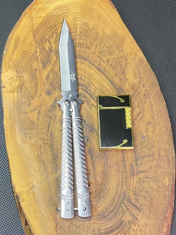 21 cm Gümüş Kelebek + Dupont Tarz Çakmak Seti