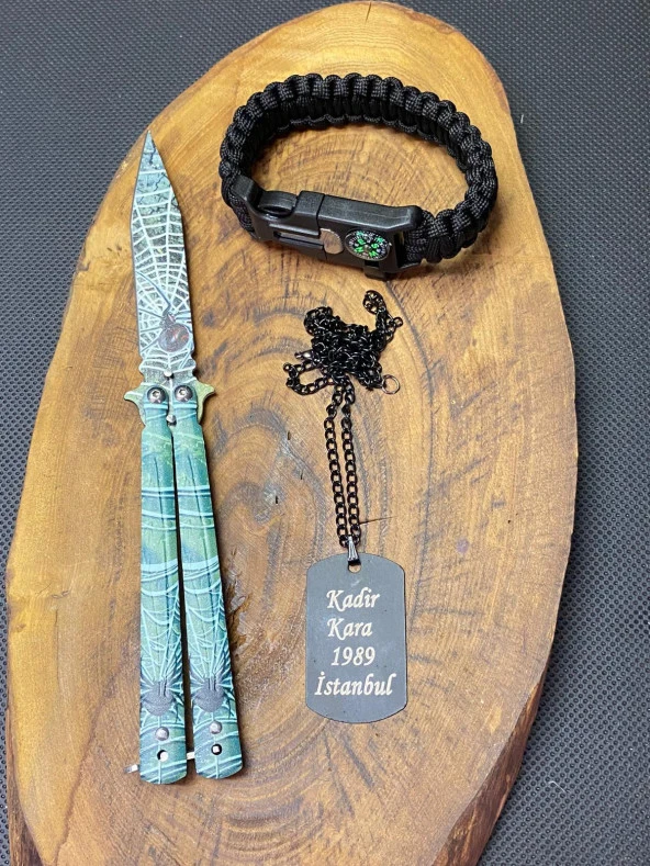 21 cm Kelebek + Asker Künye + Paracord Bileklik Seti