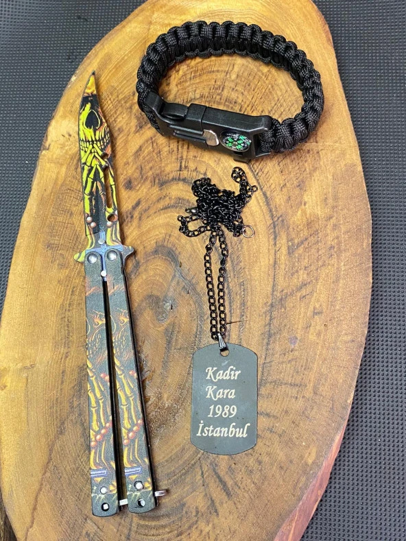 21 cm Desenli Kelebek + Asker Künye + Paracord Bileklik Seti