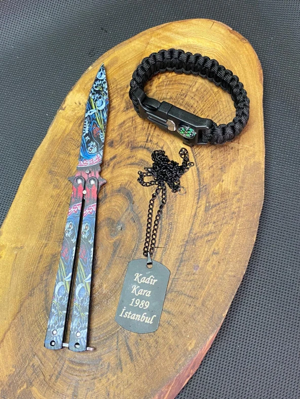 21 cm Kelebek + Paracord Bileklik + Asker Künye Seti