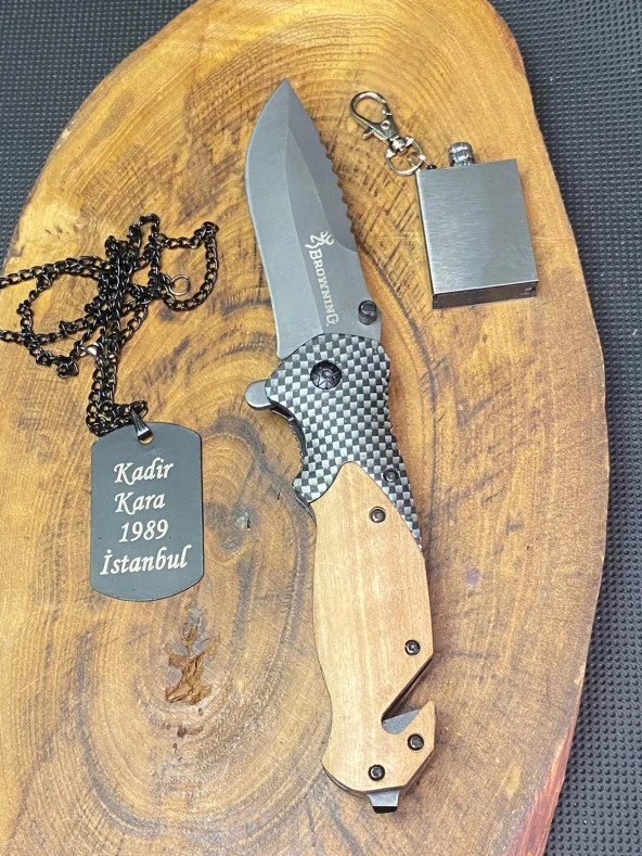 Browning 21 cm Avcı Çakı + Asker Künye + Kibrit Çakmak Seti