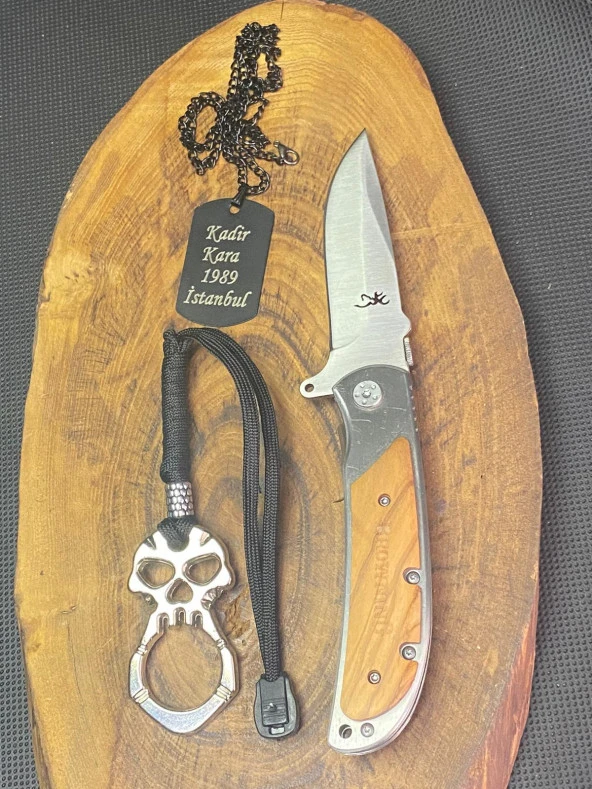 Browning 21 cm Avcı Çakı + Asker Künye + İpli Parmak Musta Seti