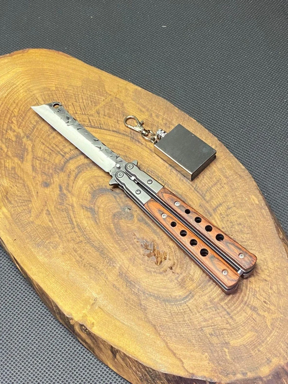 21 cm Ahşap Ustura Kelebek + Zippo Kibrit Çakmak Seti