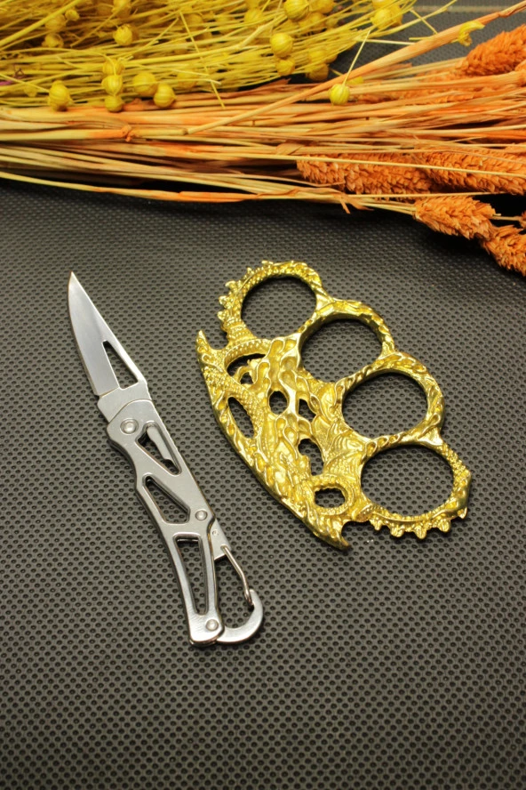 14 cm Çelik Manuel Çakı ve Gold Ejderha Mustalı Set
