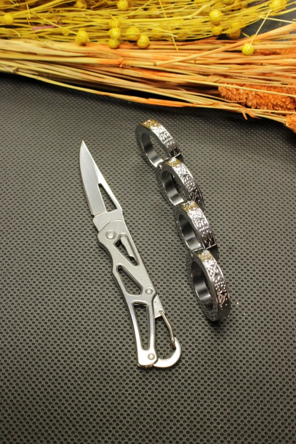 14 cm Çelik Manuel Çakı ve Gümüş Yüzük Mustalı Set