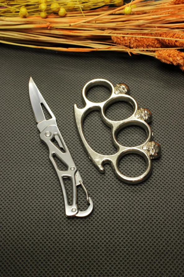 14 cm Çelik Manuel Çakı ve Gümüş Kuru Kafa Mustalı Set