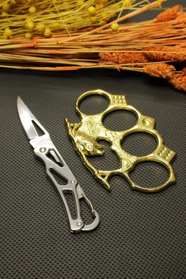 14 cm Çelik Manuel Çakı ve Gold Kartal Mustalı Set