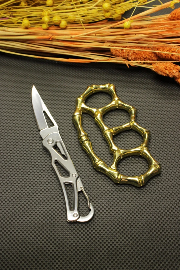 14 cm Çelik Manuel Çakı ve Gold Kemik Mustalı Set