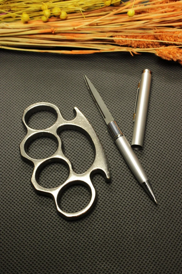 Gizli Kalem Bıçak ve Gümüş 1 cm Kalın Mustalı Set