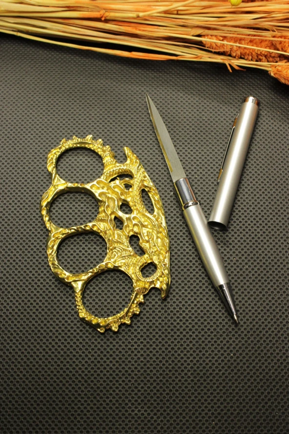 Gizli Kalem Bıçak ve Gold Ejderha Figürlü Mustalı Set