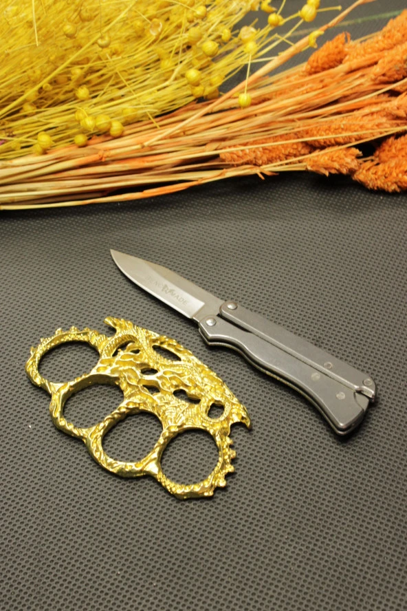 14 cm Kalın Komple Çelik Bıçak ve Gold Ejderha Figürlü Mustalı Set