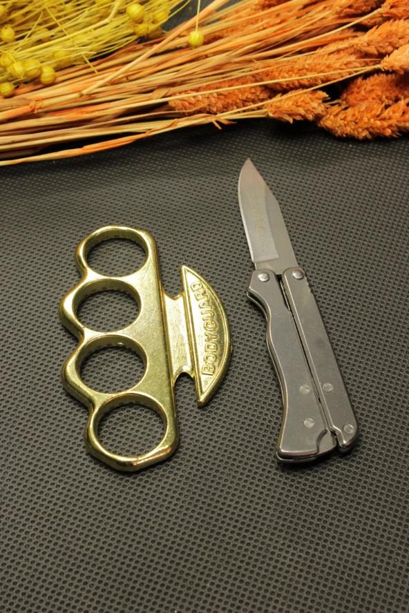 14 cm Kalın Komple Çelik Bıçak ve Gold Bodyguard Mustalı Set