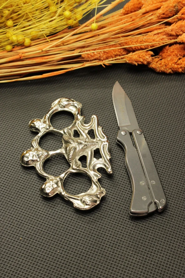 14 cm Kalın Komple Çelik Bıçak ve Gümüş Boğa Figürlü Mustalı Set