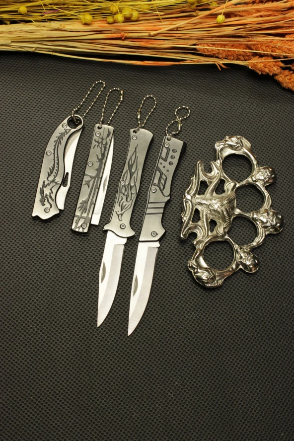4 Lü 15 cm Çelik Çakı ve Boğa Figürlü  Mustalı Set