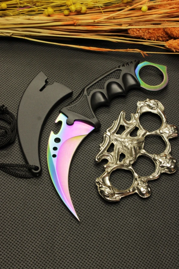 Rainbow Kılıflı Oval Garambit Bıçak ve Boğa Figürlü Mustalı Set