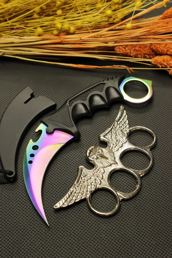 Rainbow Kılıflı Oval Garambit Bıçak ve Gümüş Baykuş Mustalı Set