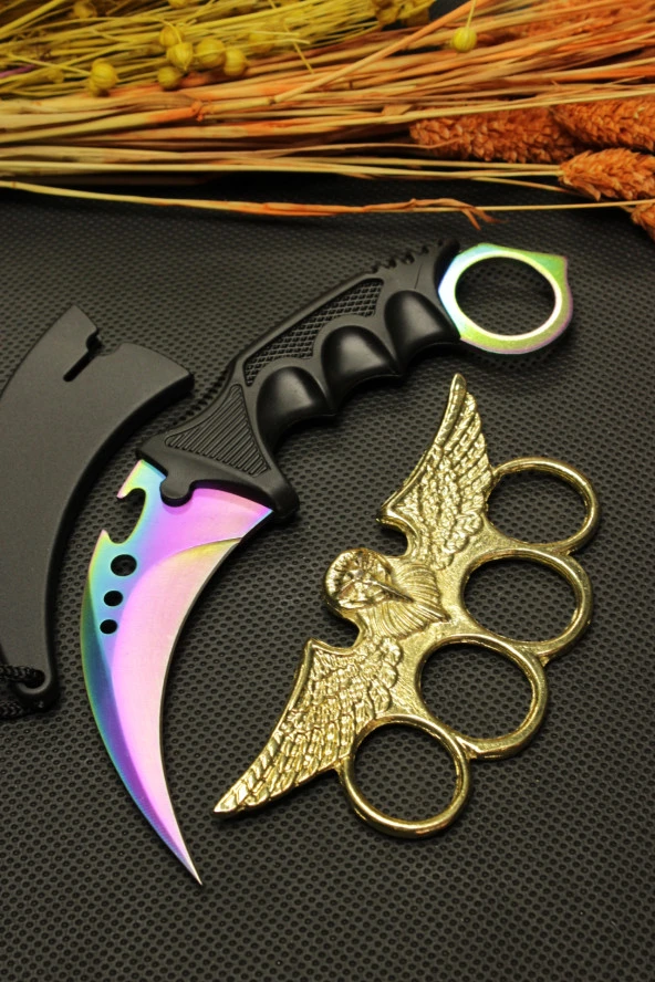 Rainbow Kılıflı Oval Garambit Bıçak ve Gold Baykuş Mustalı Set