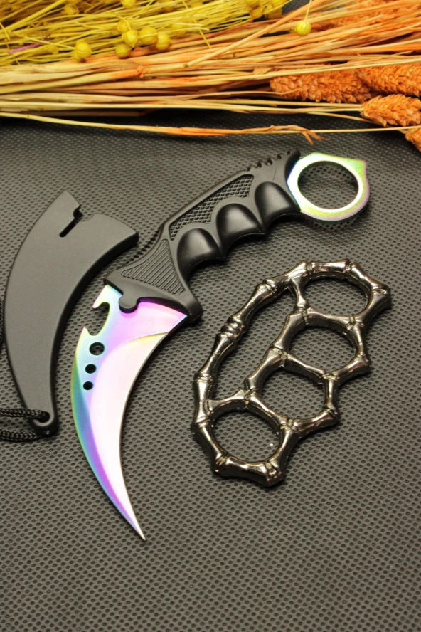 Rainbow Kılıflı Oval Garambit Bıçak ve Gümüş Kemik Mustalı Set