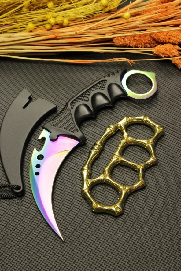 Rainbow Kılıflı Oval Garambit Bıçak ve Gold Kemik Mustalı Set