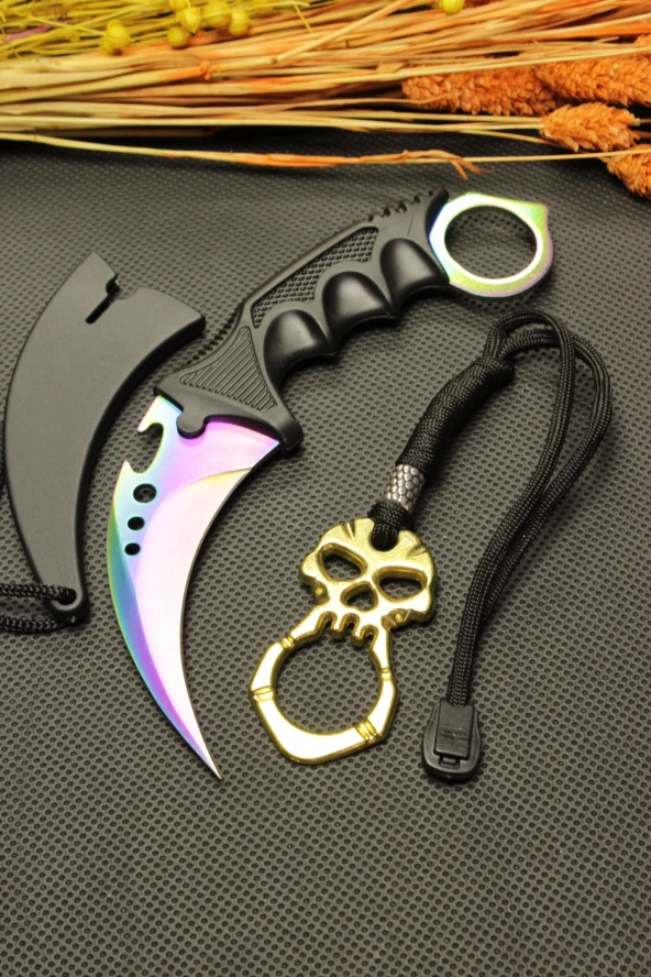 Rainbow Kılıflı Oval Garambit Bıçak ve Gold İpli Parmak Mustalı Set