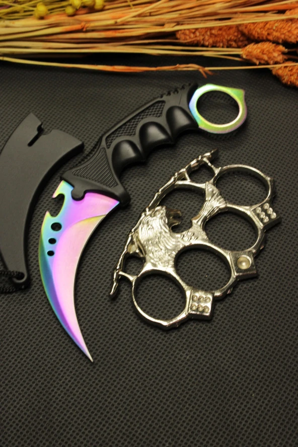 Rainbow Kılıflı Oval Garambit Bıçak ve Gümüş Kalın Kartal Mustalı Set