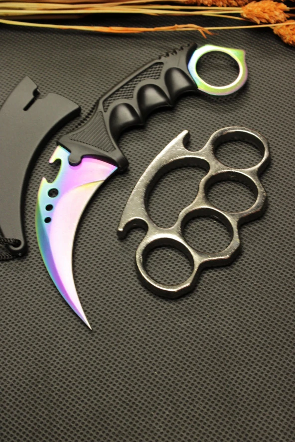 Rainbow Kılıflı Oval Garambit Bıçak ve Gümüş 1 cm kalın Mustalı Set