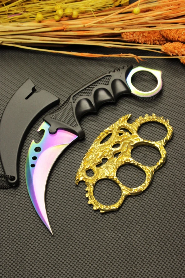 Rainbow Kılıflı Oval Garambit Bıçak ve Gold Ejderha Mustalı Set