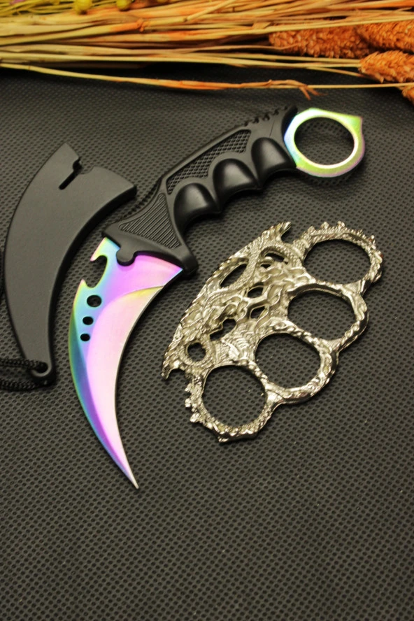 Rainbow Kılıflı Oval Garambit Bıçak ve Gümüş Ejderha Mustalı Set